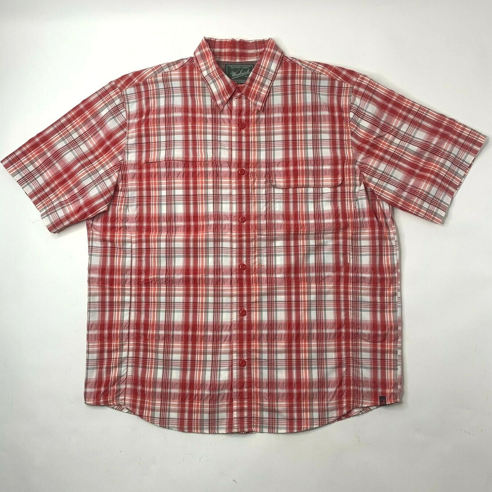 Woolrich‎ Short Sleeve Mens L Button Front Shirt Red White Plaid